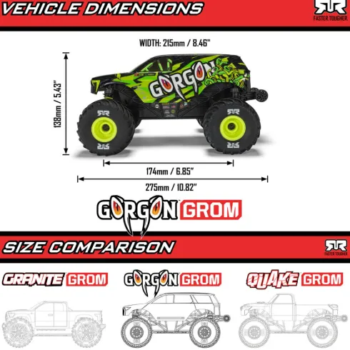 ARRMA 1/16 Gorgon Grom 4×4 Brushed Monster Truck RTR Geel compleet met Spektrum 7.4V 1400mAh 2S LiPo accu en USB-C lader