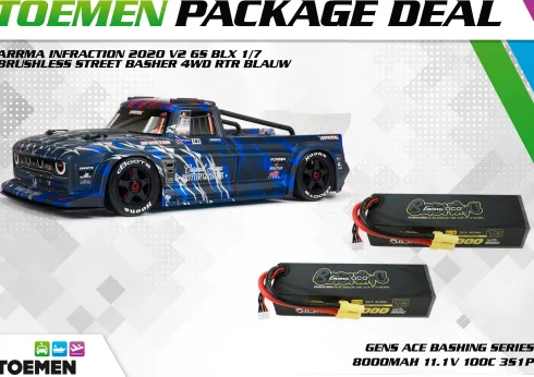 ARRMA INFRACTION 2020 V2 6S BLX 1/7 Brushless Street Basher 4WD RTR Blauw + Gens Ace Bashing Series 8000mAh