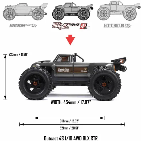 ARRMA 1/10 OUTCAST 4S 4X4 Brushless Stunt Truck RTR Gun Metal 80km/h zonder accu en lader