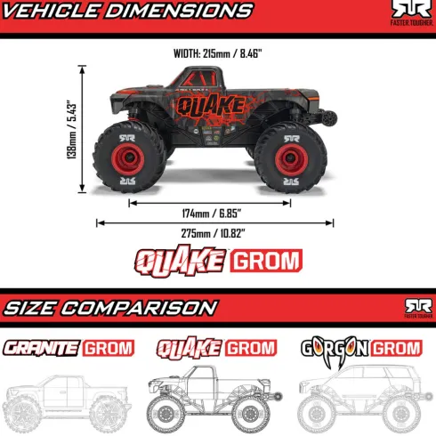 ARRMA 1/16 Quake Grom 4×4 Brushed Monster Truck RTR Paars compleet met Spektrum 7.4V 1400mAh 2S LiPo accu en USB-C lader