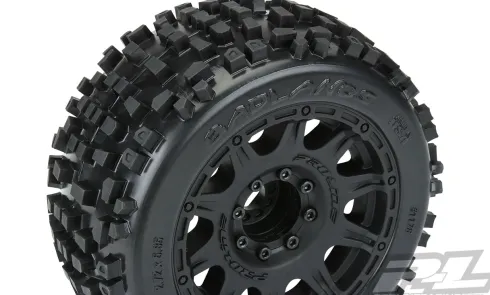 Proline Badlands 3.8″ All Terrain Tires Mounted for 17mm MT Front or Rear, Mounted on Raid Black 8×32 Removable Hex 17mm Wheels