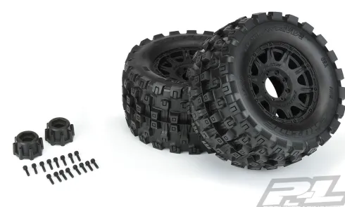 Proline Badlands MX38 HP 3.8″ All Terrain BELTED Tires Mounted for 17mm MT Front or Rear, Mounted on Raid Black 8×32 Removable Hex 17mm Wheels – PRO1016610