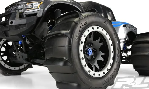 Proline Sling Shot 4.3″ Pro-Loc Sand Tires Mounted for X-MAXX Front or Rear, Mounted on Impulse Pro-Loc Black Wheels with Stone Gray Rings – PRO1014613