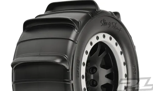 Proline Sling Shot 4.3″ Pro-Loc Sand Tires Mounted for X-MAXX Front or Rear, Mounted on Impulse Pro-Loc Black Wheels with Stone Gray Rings – PRO1014613