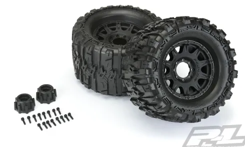 Proline Trencher HP 3.8″ All Terrain BELTED Tires Mounted for 17mm MT Front or Rear, Mounted on Raid Black 8×32 Removable Hex 17mm Wheels