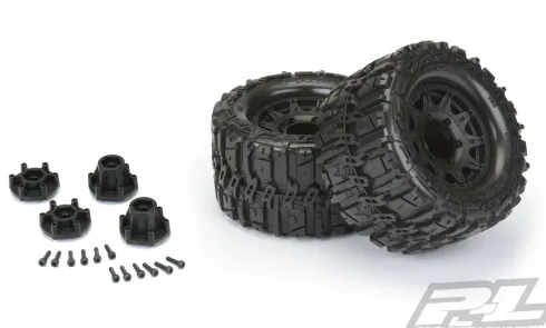 Proline Trencher HP 2.8″ All Terrain BELTED Truck Tires Mounted for Stampede 2wd & 4wd Front and Rear, Mounted on Raid Black 6×30 Removable Hex Wheels