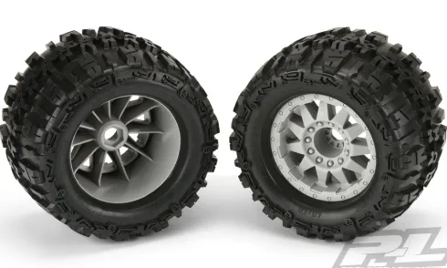 Proline Trencher X 3.8″ (Traxxas Style Bead) All Terrain Tires Mounted for 17mm MT Front or Rear, Mounted on F-11 Stone Gray 1/2″ Offset 17mm Wheels