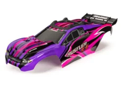 Traxxas Body, Rustler 4X4, pink & purple/ window, grille, lights decal sheet (assembled with front & rear body mounts and rear body support for clipless mounting) – TRX6734P