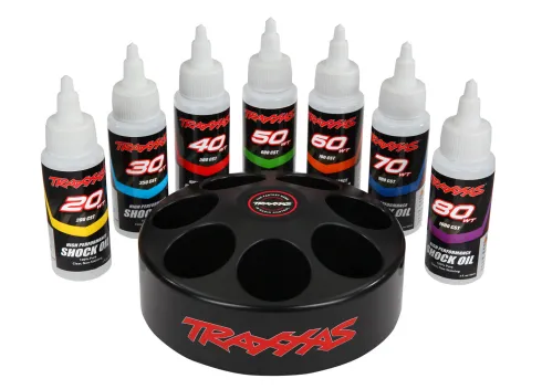 Traxxas Shock oil set (includes 20 wt, 30 wt, 40 wt, 50 wt, 60 wt, 70 wt, & 80 wt premium shock oils with spinning carousel rack) – TRX5038X
