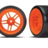 Traxxas Tires and wheels, assembled, glued (split-spoke orange wheels, 1.9″ Drift tires) (rear) – TRX8377A