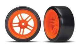 Traxxas Tires and wheels, assembled, glued (split-spoke orange wheels, 1.9″ Drift tires) (rear) – TRX8377A