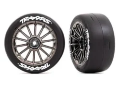 Traxxas Tires and wheels, assembled, glued (multi-spoke black chrome wheels, 2.0′ slick tires with Traxxas logo, foam inserts) (front) (2) (VXL rated) – TRX9374R