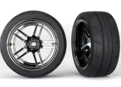 Traxxas Tires and wheels, assembled, glued (split-spoke black chrome wheels, 1.9″ Response tires) (extra wide, rear) (2) – TRX8374