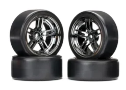 Traxxas Tires and wheels, assembled, glued (split-spoke black chrome wheels, 1.9″ Drift tires) (front and rear) – TRX8378