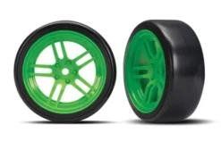 Traxxas Tires and wheels, assembled, glued (split-spoke green wheels, 1.9″ Drift tires) (front) – TRX8376G