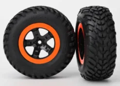 Traxxas Tires & wheels, assembled, glued (SCT black, orange beadlock wheels, dual profile (2.2″ outer, 3.0″ inner), SCT off-road racing tire, foam inserts) (2) (4WD f/r, 2WD rear) (TSM rated) – TRX5863
