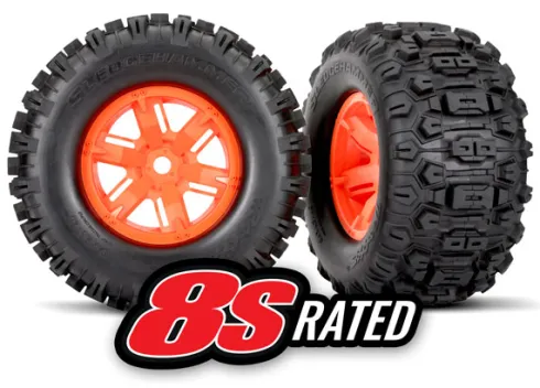 Traxxas Tires & wheels, assembled, glued (X-Maxx orange wheels, Sledgehammer tires, foam inserts) (left & right) (2) – TRX7774T