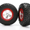 Traxxas Tires & wheels, assembled, glued (SCT satin chrome red beadlock wheels, ultra-soft S1 compound off-road racing tires, inserts) (2) (2WD rear, 4WD f/r) – TRX5873R