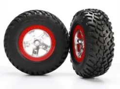 Traxxas Tires & wheels, assembled, glued (SCT satin chrome red beadlock wheels, ultra-soft S1 compound off-road racing tires, inserts) (2) (2WD rear, 4WD f/r) – TRX5873R