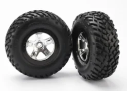 Traxxas Tires & wheels, assembled, glued (SCT satin chrome, black beadlock style wheels, SCT off-road racing tires, foam inserts) (2) (4WD front/rear, 2WD rear only) – TRX5873X