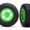 Traxxas Tires & wheels, assembled, glued (SCT Split-Spoke green wheels, SCT off-road racing tires, foam inserts) (2) (4WD f/r, 2WD rear) (TSM rated) – TRX5892G