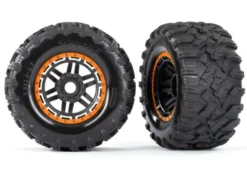 Traxxas Tires & wheels, assembled, glued (black, orange beadlock style wheels, Maxx MT tires, foam inserts) (2) (17mm splined) (TSM rated) – TRX8972T
