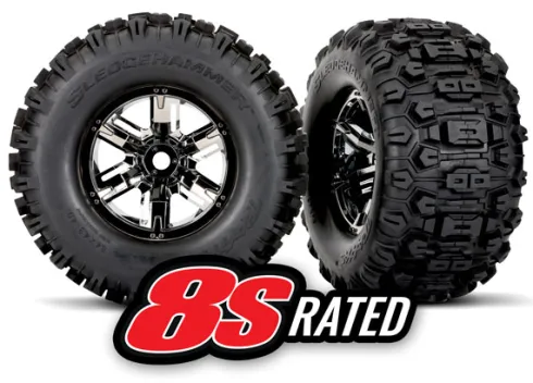 Traxxas Tires & wheels, assembled, glued (X-Maxx black chrome wheels, Sledgehammer tires, foam inserts) (left & right) (2) – TRX7774A
