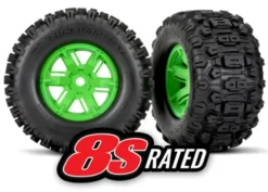 Traxxas Tires & wheels, assembled, glued (X-Maxx green wheels, Sledgehammer tires, foam inserts) (left & right) (2) – TRX7774G