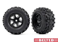 Traxxas Tires & wheels, assembled, glued (X-Maxx black wheels, Sledgehammer belted tires, dual profile (4.3′ outer, 5.7′ inner), foam inserts) (left & right) – TRX7871
