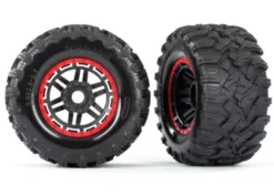 Traxxas Tires & wheels, assembled, glued (black, red beadlock style wheels, Maxx MT tires, foam inserts) (2) (17mm splined) (TSM rated) – TRX8972R