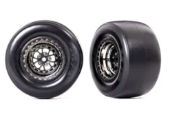 Traxxas Tires & wheels, assembled, glued (Weld black chrome wheels, Mickey Thompson® ET Drag® Slicks, smoke compound, foam inserts) (rear) (2) – TRX9477X