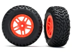 Traxxas Tires & wheels, assembled, glued (SCT Split-Spoke orange wheels, SCT off-road racing tires, foam inserts) (2) (4WD f/r, 2WD rear) (TSM rated) – TRX5892