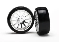 Traxxas Tires & wheels, assembled, glued (12-spoke chrome wheels, slick tires) (2) – TRX7573