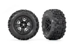 Traxxas Tires & wheels, assembled, glued (black 2.8″ wheels, Sledgehammer tires, foam inserts) (electric rear) (2) (TSM rated) – TRX3778