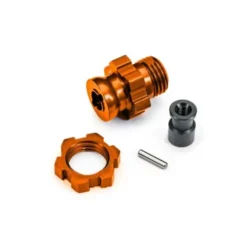 Traxxas Wheel hub, splined, 17mm, short (orange-anodized) (1)/ wheel nut, splined, 17mm (orange-anodized) (1)/ hub retainer, M4 X 0.7 (1)/ axle pin (1) (for use with #9080 upgrade kit) – TRX9087-ORNG