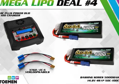 2x Gens ace Bashing Series 5000mAh 14.8V 4S1P 50C-100C Lipo Batterij EC-5 en RC Plus Power Duo 100 Charger